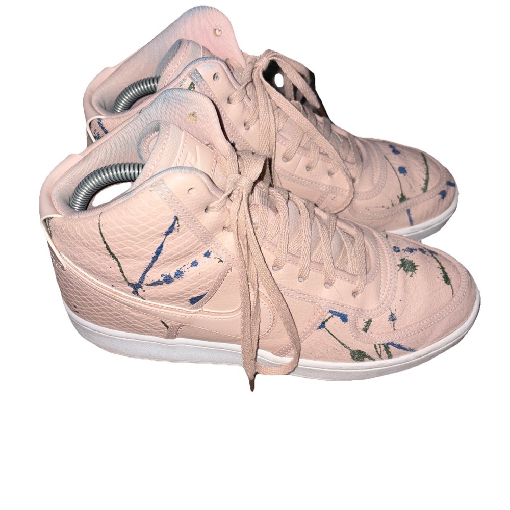 Nike Women's Pale Pink High-Top Sneakers with Blue and Green Paint Splatters - Picture 3 of 9
